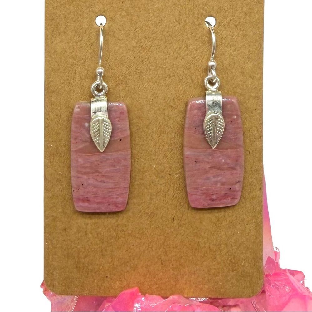 Pink Tulip Quartz Earrings Solid 925 Sterling Silver Etched Leaf Leaves